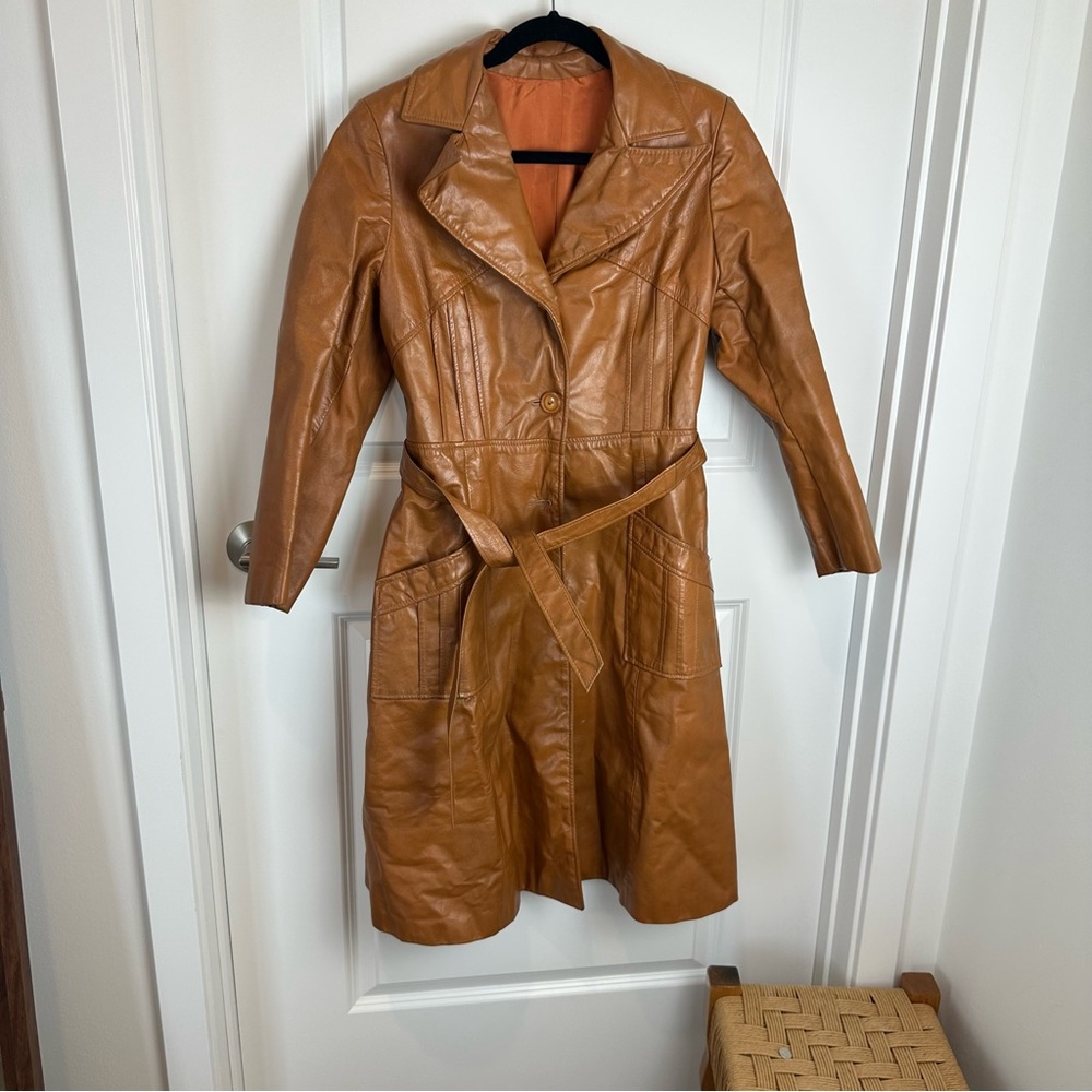 Vintage leather cognac trench coat